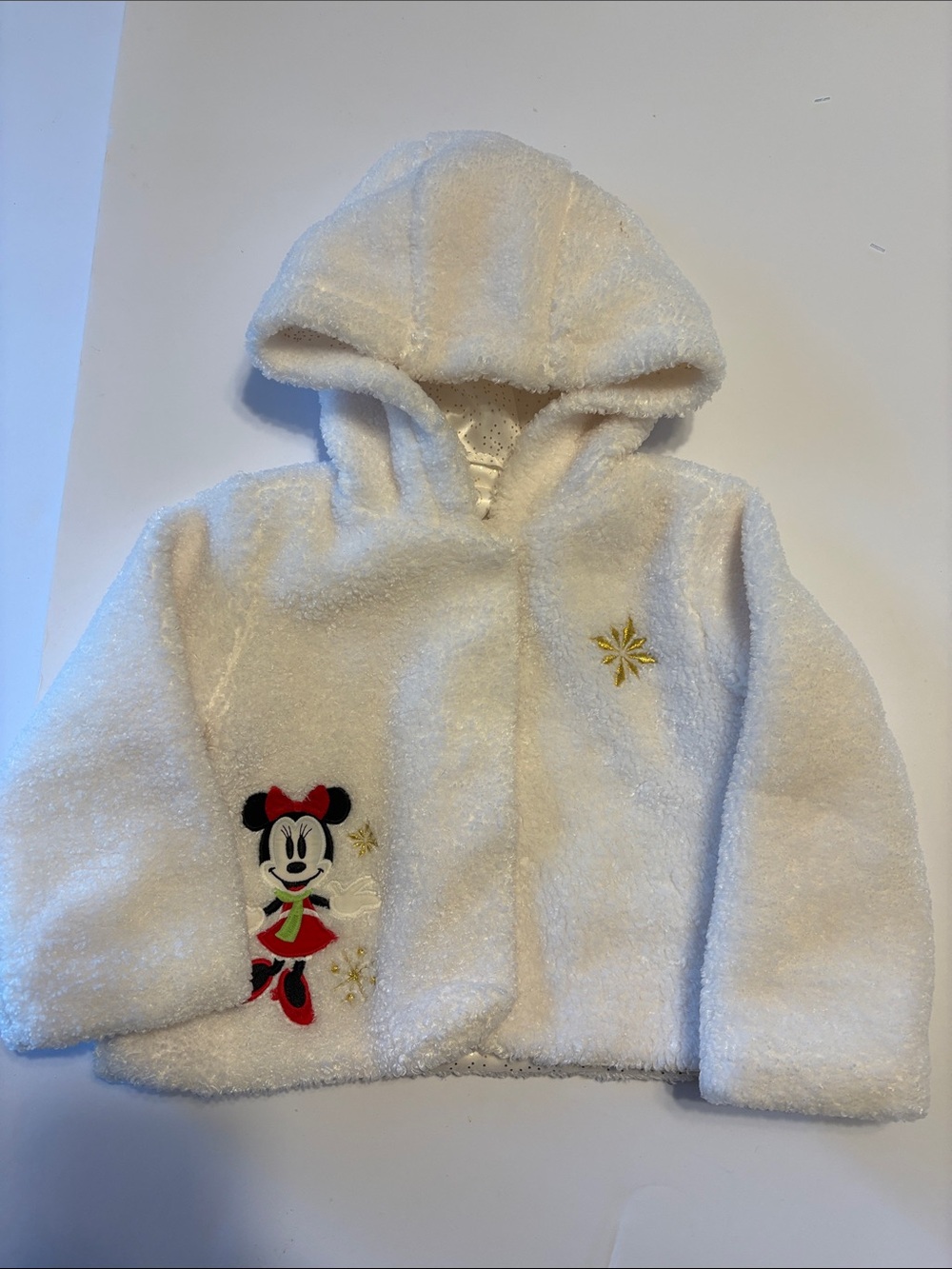 Disney White Hooded Minnie Mouse Fuzzy Jacket with Red & Green Details